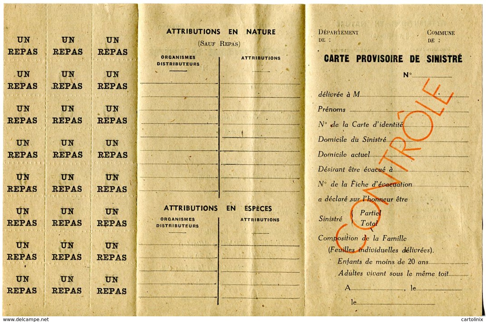 A Voir 39 - 45 Carte Provisoire  Sinistre  24 Repas Vierge 39 - 45 WW2 -3 Volets - Documents Historiques