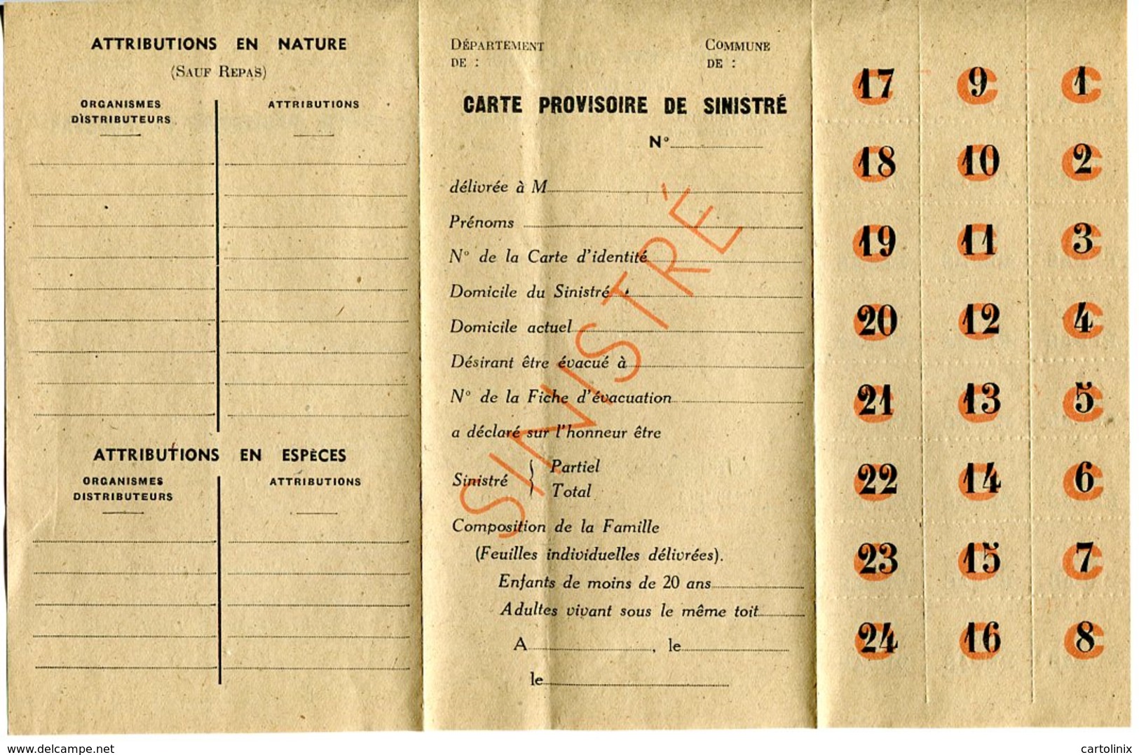 A Voir 39 - 45 Carte Provisoire  Sinistre  24 Repas Vierge 39 - 45 WW2 -3 Volets - Documents Historiques