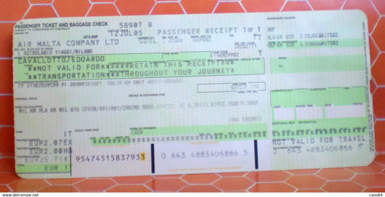 Air Malta Company Ticket 2005 Carta Imbarco / Baggage Tag - Europe