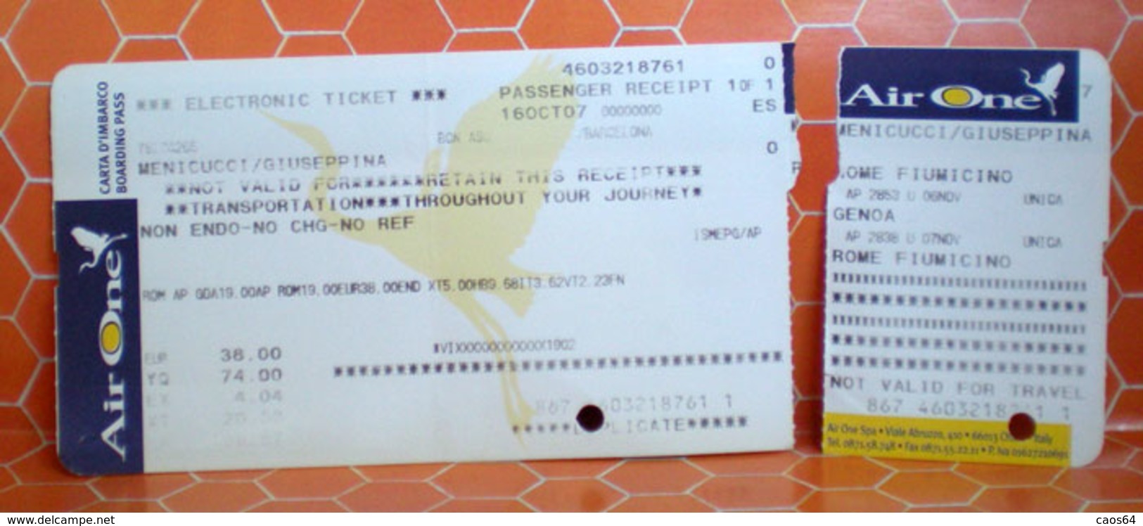 Air One Ticket 2007 Carta Imbarco Biglietto Aereo - Europe