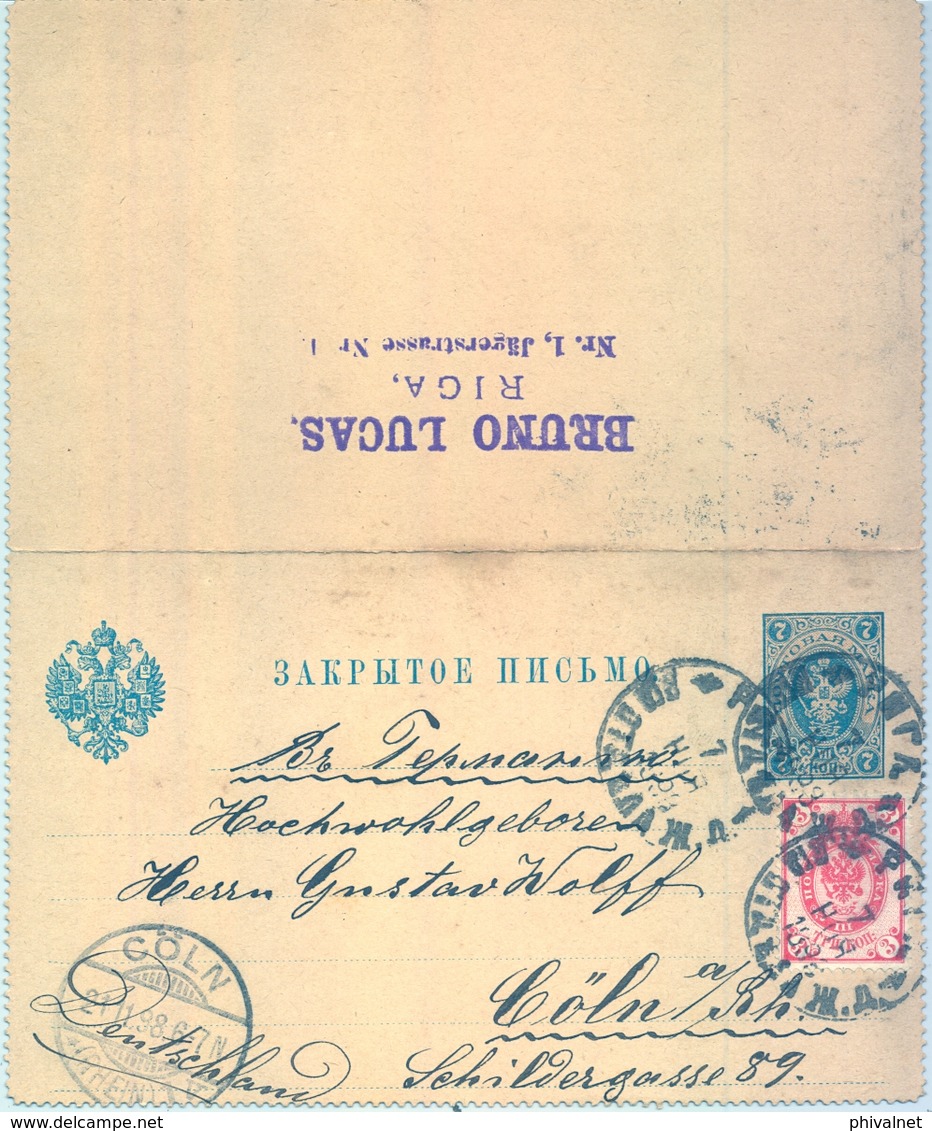 1898 , LETONIA , TARJETA ENTERO POSTAL CIRCULADA A COLONIA , MAT. ESTACIÓN DE FERROCARRIL DE RIGA - Letonia