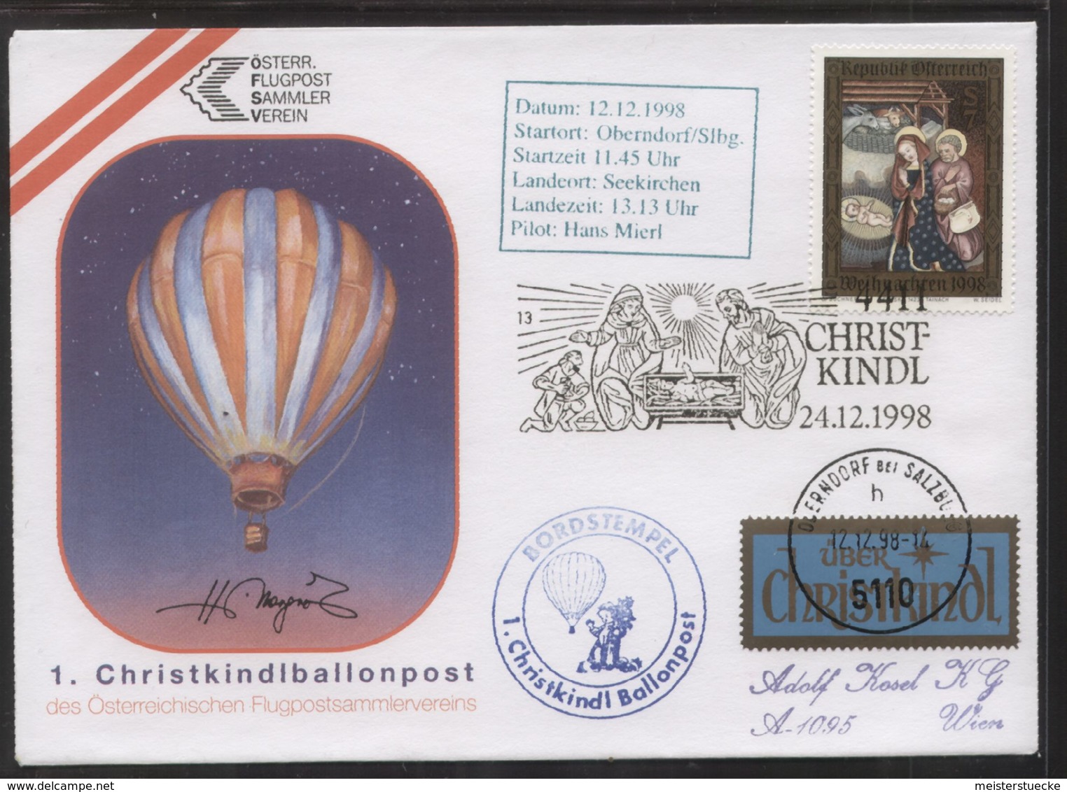 Österreich - 1. Christkindlballonpost Des Österreichischen Flugpostsammlervereins - SST CHRISTKINDL 24.12.1998 - Covers & Documents