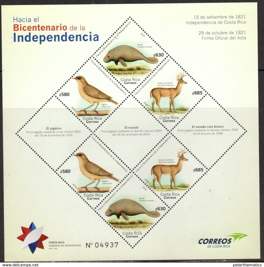 COSTA RICA, 2018, MNH, TOWARDS THE BICENTENARY OF INDEPENDENCE, BIRDS, MANATEES, MARINE LIFE, DEER, SHEETLET - Other & Unclassified