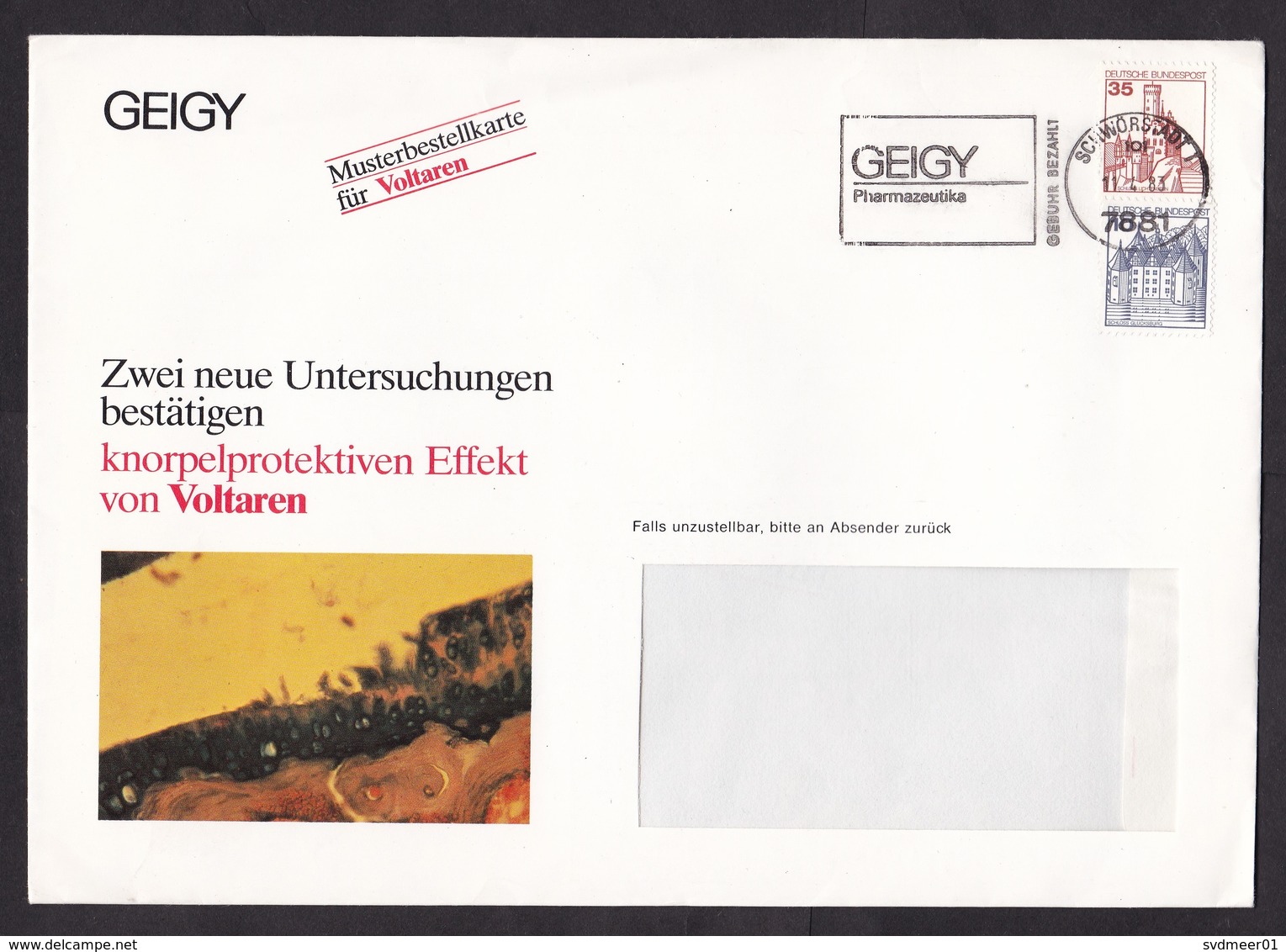Germany: Advertorial Cover 1983, 2 Stamps, Cancel Geigy Pharmaceutical Company, Voltaren Medicine, Health (minor Crease) - Brieven En Documenten