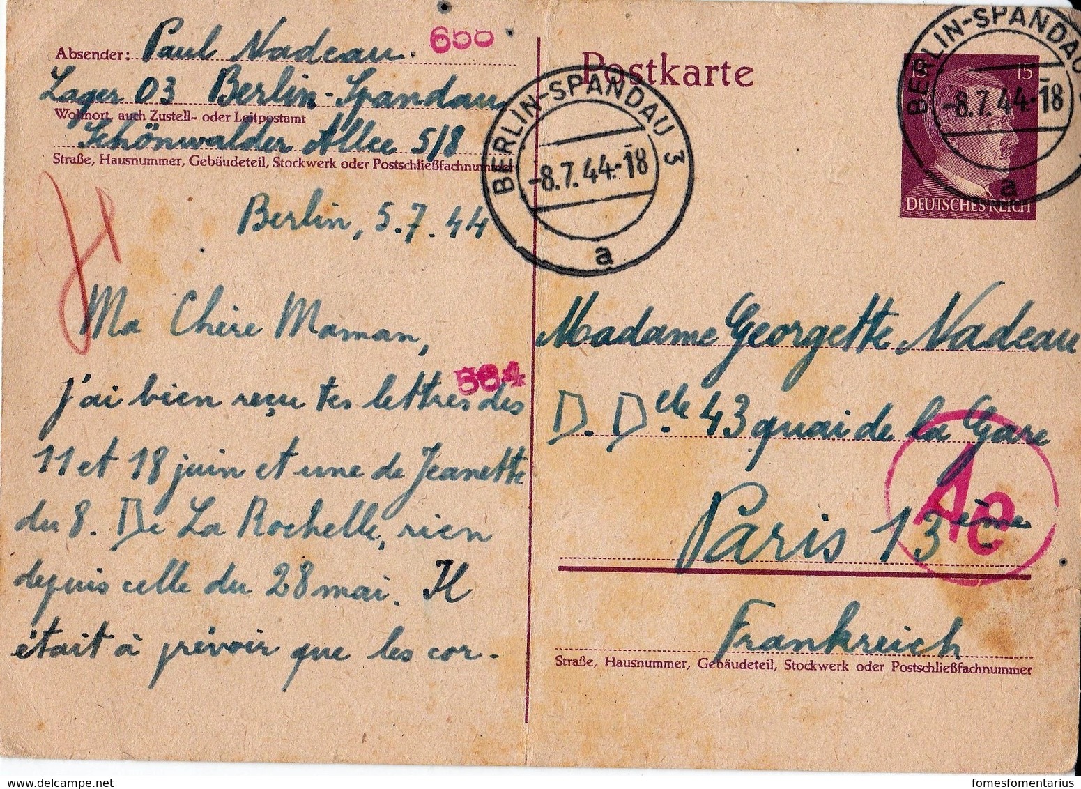 Courrier Du STO, Entier Postal , Berlin Spandau  Pour Paris, Cachet De Censure Ae - 1921-1960: Période Moderne