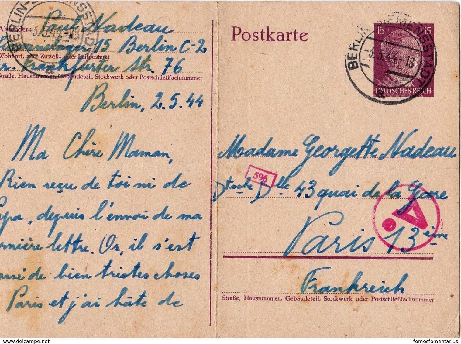 Courrier Du STO, Entier Postal , Berlin Siemensstadt  Pour Paris, Cachet De Censure Ae - 1921-1960: Période Moderne