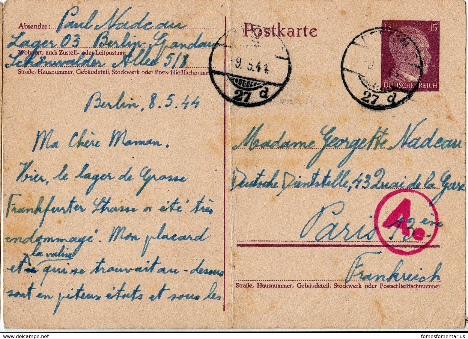 Courrier Du STO, Entier Postal , Berlin  Pour Paris, Cachet De Censure Ae - 1921-1960: Période Moderne