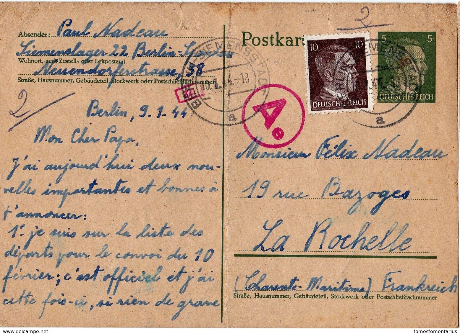 Carte Lettre Entier Postal De Berlin Siemensstadt à La Rochelle, Complément D' Affranchissement Cachet Ae De Censure - 1921-1960: Période Moderne