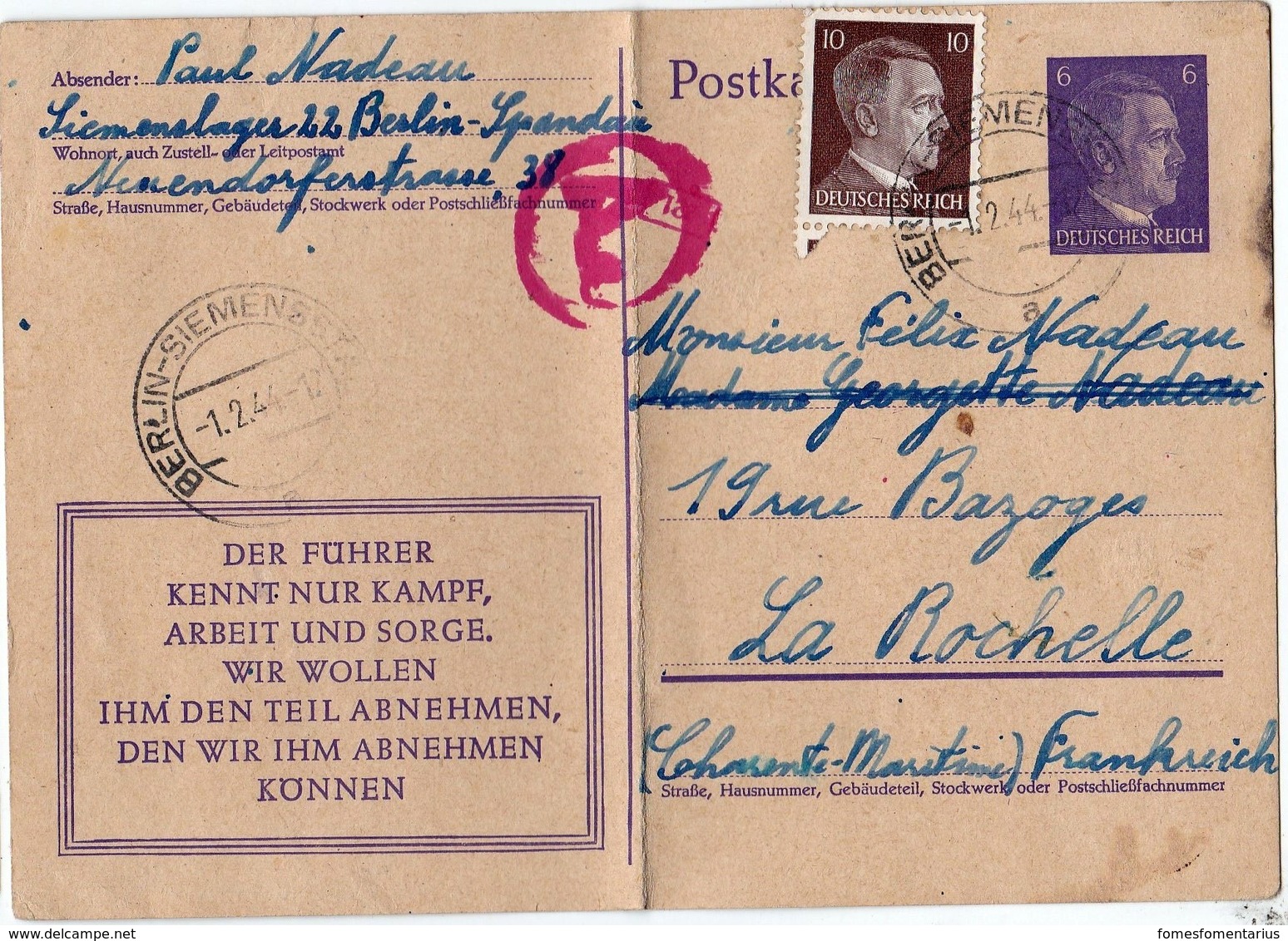 Carte Lettre Entier Postal Repiqué Avec Complément D' Affranchissement De Berlin à La Rochelle, Cachet Ae De Censure - 1921-1960: Période Moderne