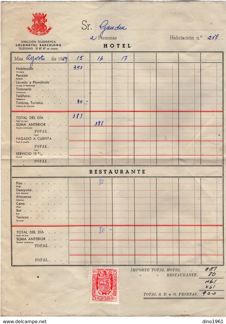 VP13.761 - Facture - 1959 - Hotel / Restaurante - Colonotel BARCELONA - Espagne