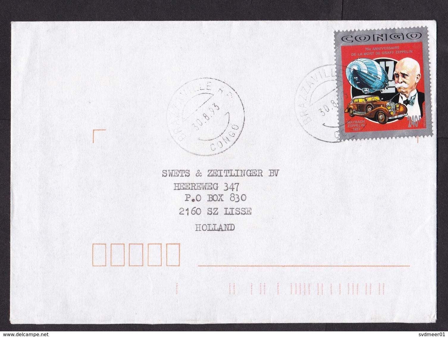 Congo: Cover To Netherlands, 1993, 1 Stamp, Graff Zeppelin, Maybach Car, Transport, Rare Real Use (minor Damage) - Andere & Zonder Classificatie