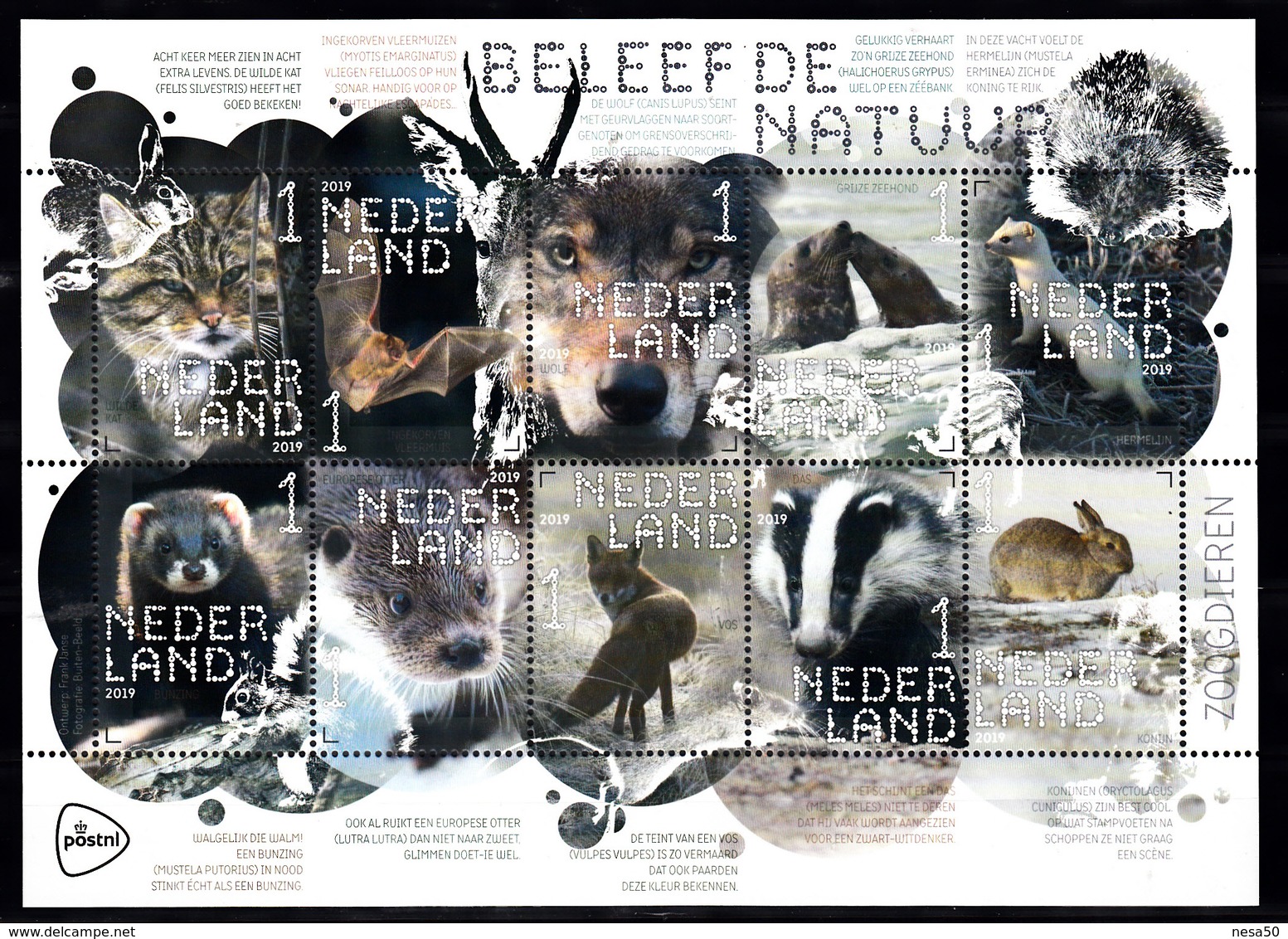Nederland 2019 Nvph Nr ??, Mi Nr ??, Beleef De Natuur, Zoogdieren, Rabbit, Fox, Bat, Wolf, Badger - Lighthouses