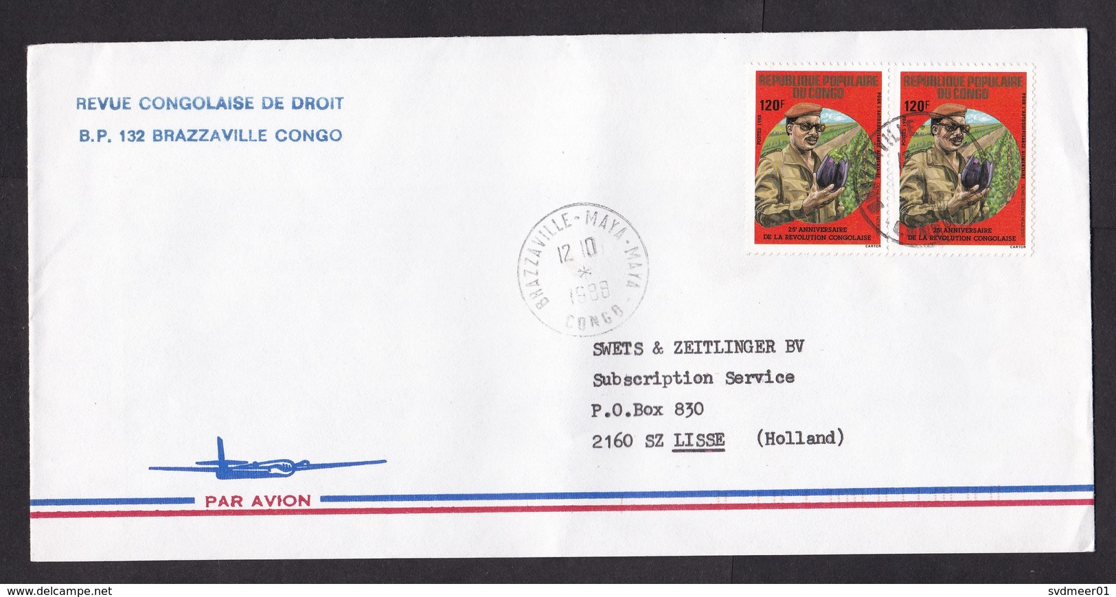Congo: Airmail Cover To Netherlands 1988, 2 Stamps, Revolution, Agriculture, Egg-plant Fruit (minor Discoloring At Back) - Andere & Zonder Classificatie
