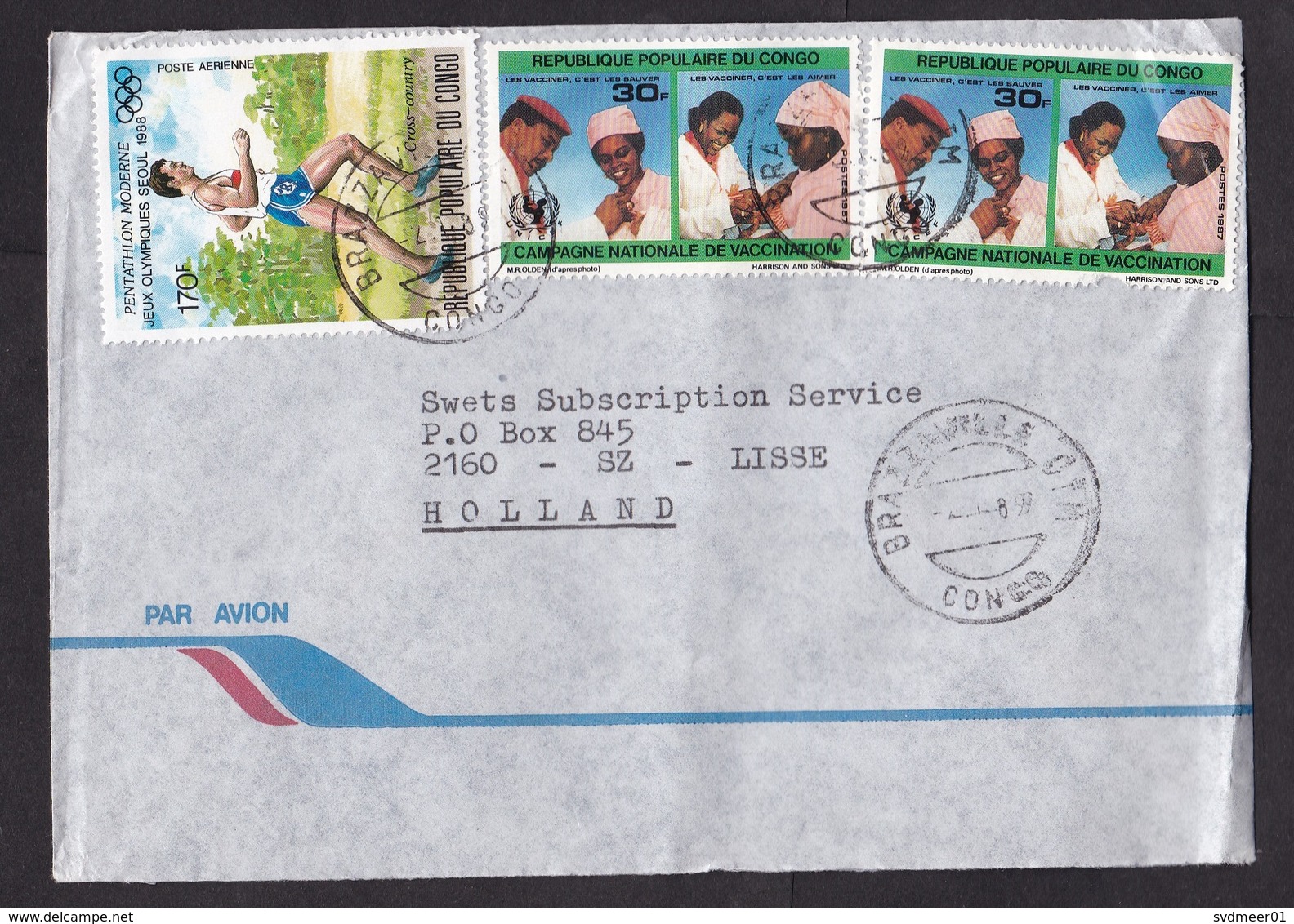 Congo: Airmail Cover To Netherlands 1989, 3 Stamps, Vaccination, Nurse, Health, Olympics, Rare Use (2 Stamps Damaged!) - Andere & Zonder Classificatie