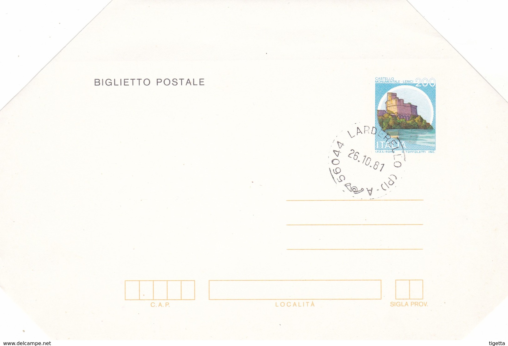 ITALIA BIGLIETTO POSTALE CASTELLO MONUMENTALE LERICI GIORNO DI EMISSIONE 1981 - Interi Postali