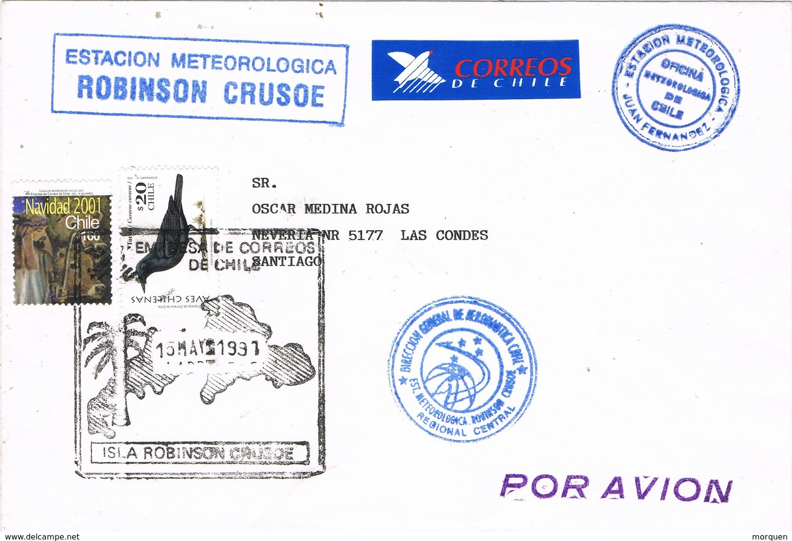 30958. Carta Aerea JUAN FERNANDEZ (Chile) 1991. Isla Robinson CRUSOE, Estacion Meteorologica - Chili
