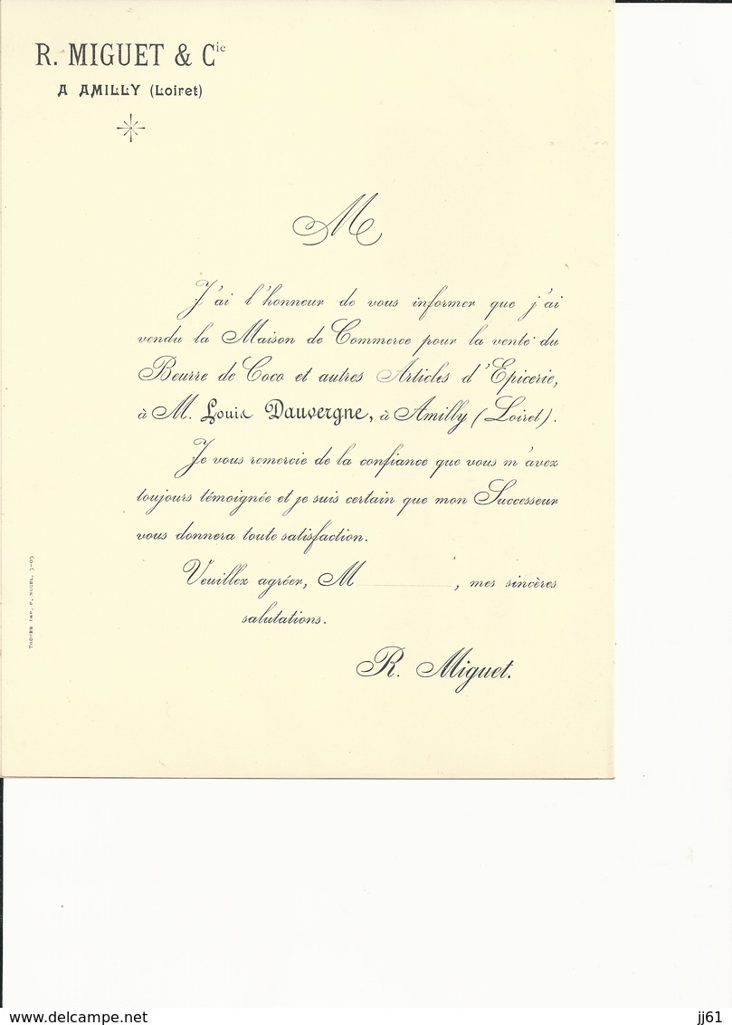 AMILLY MAISON MIGUET LOUIS DAUVERGNE DOCUMENT SUR LA VENTE ET REPRISE DE COMMERCE DU BEURRE DE COCO ET ARTICLE EPICERIE - Other & Unclassified