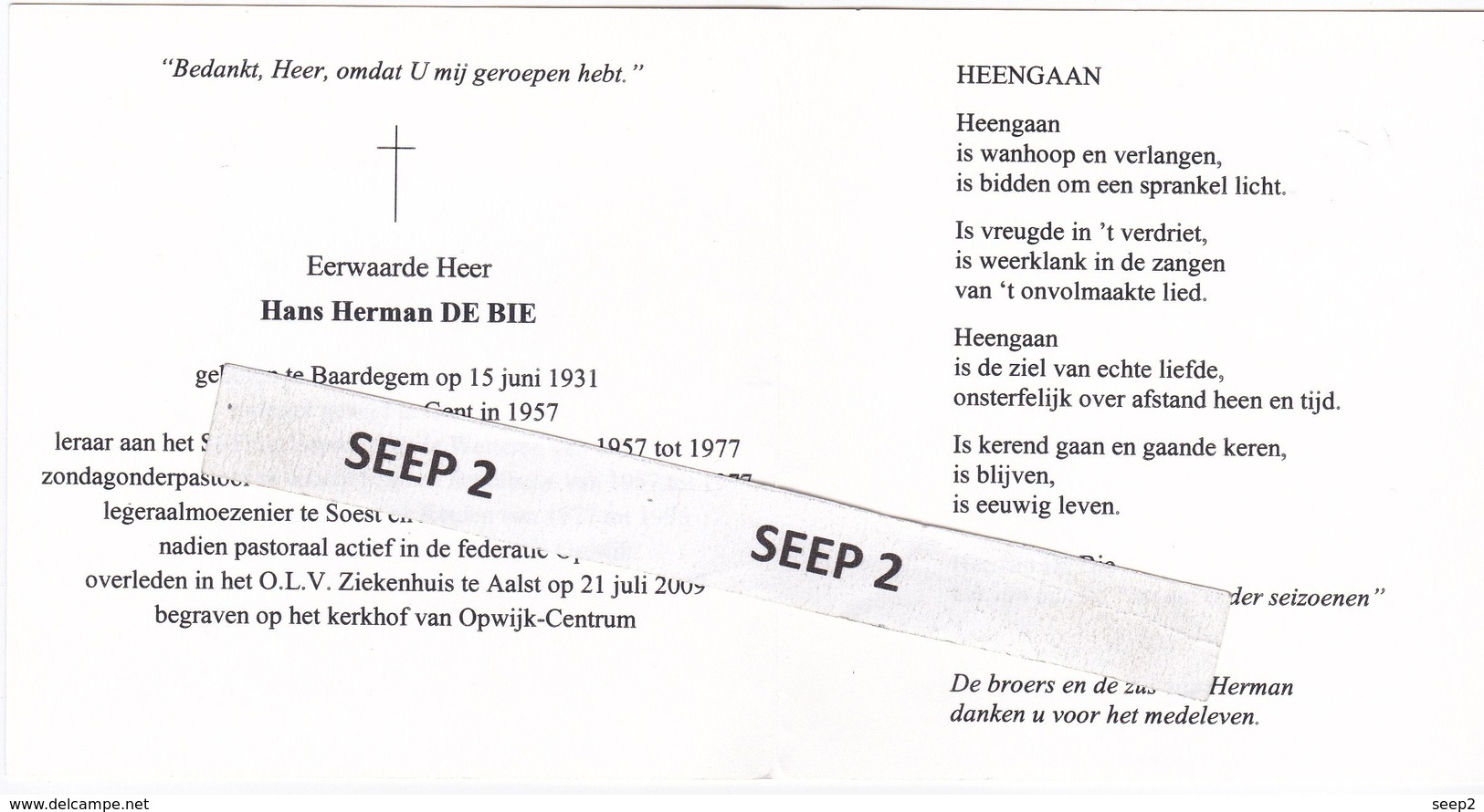 DP+foto E.H. Hans Herman DE BIE Baardegem 1931-2009 Aalst (A.Z.) (college Wetteren, Zondagonderpast. Schellebelle En ... - Religion & Esotérisme