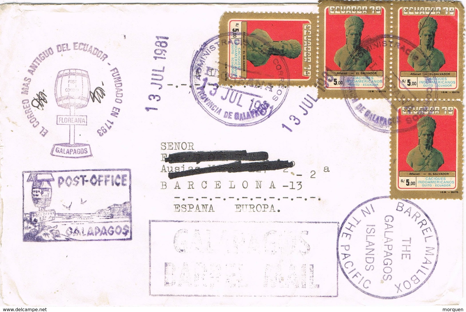 30962. Carta Aerea FLOREANA, GALAPAGOS Is. (Ecuador)  1981. BARREL MAIL - Ecuador