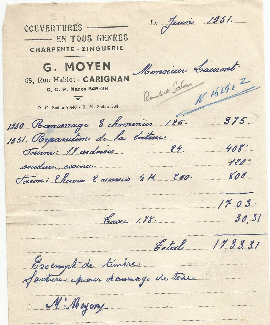 Doc Facture  Couverture   G. Moyen  Carignan   1951 - Autres & Non Classés