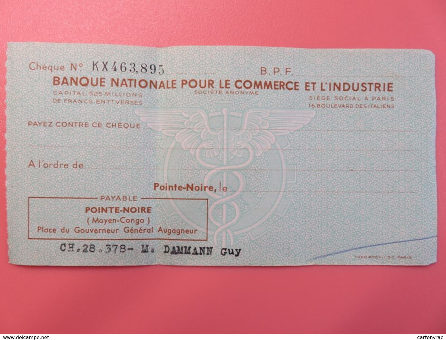 Chèque Congo (Moyen-Congo) - Pointe-Noire - Banque Nationale Pour Le Commerce Et L'Industrie - 1956 - Chèques & Chèques De Voyage