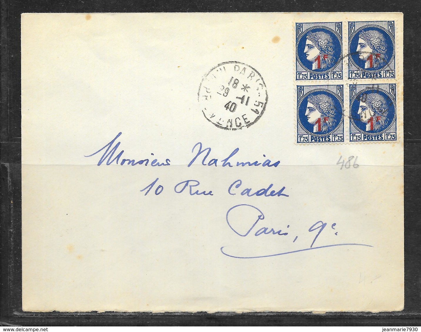 LOT 1812276 - N° 486 (BLOC DE 4) SUR LETTRE DE PARIS DU 29/11/40 - 1921-1960: Modern Period