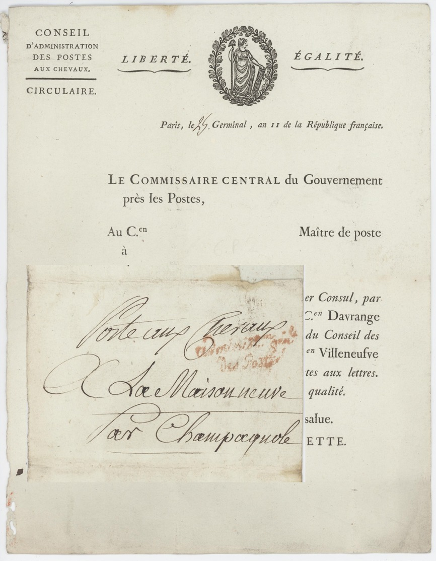 Paris An 11 – 15.3.1804 Conseil Administration Des Postes Aux Chevaux Héraldique Poste Aux Chevaux à La Maison Neuve - 1801-1848: Precursors XIX