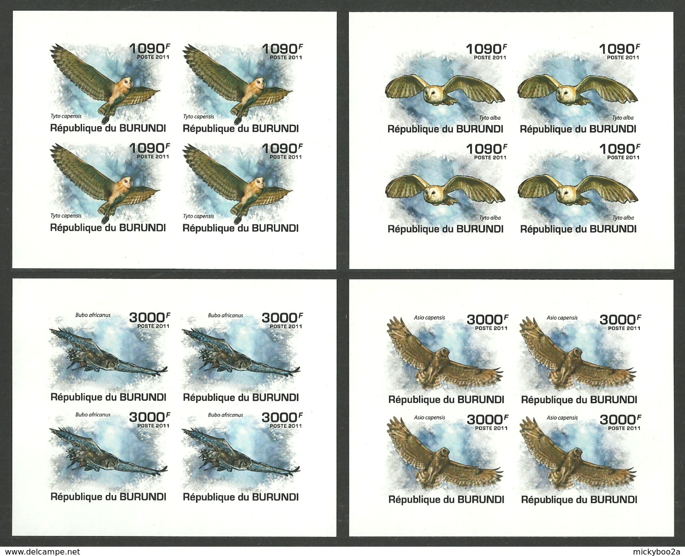 BURUNDI 2011 BIRDS OWLS DELUXE SHEETS IMPERF MNH - Unused Stamps