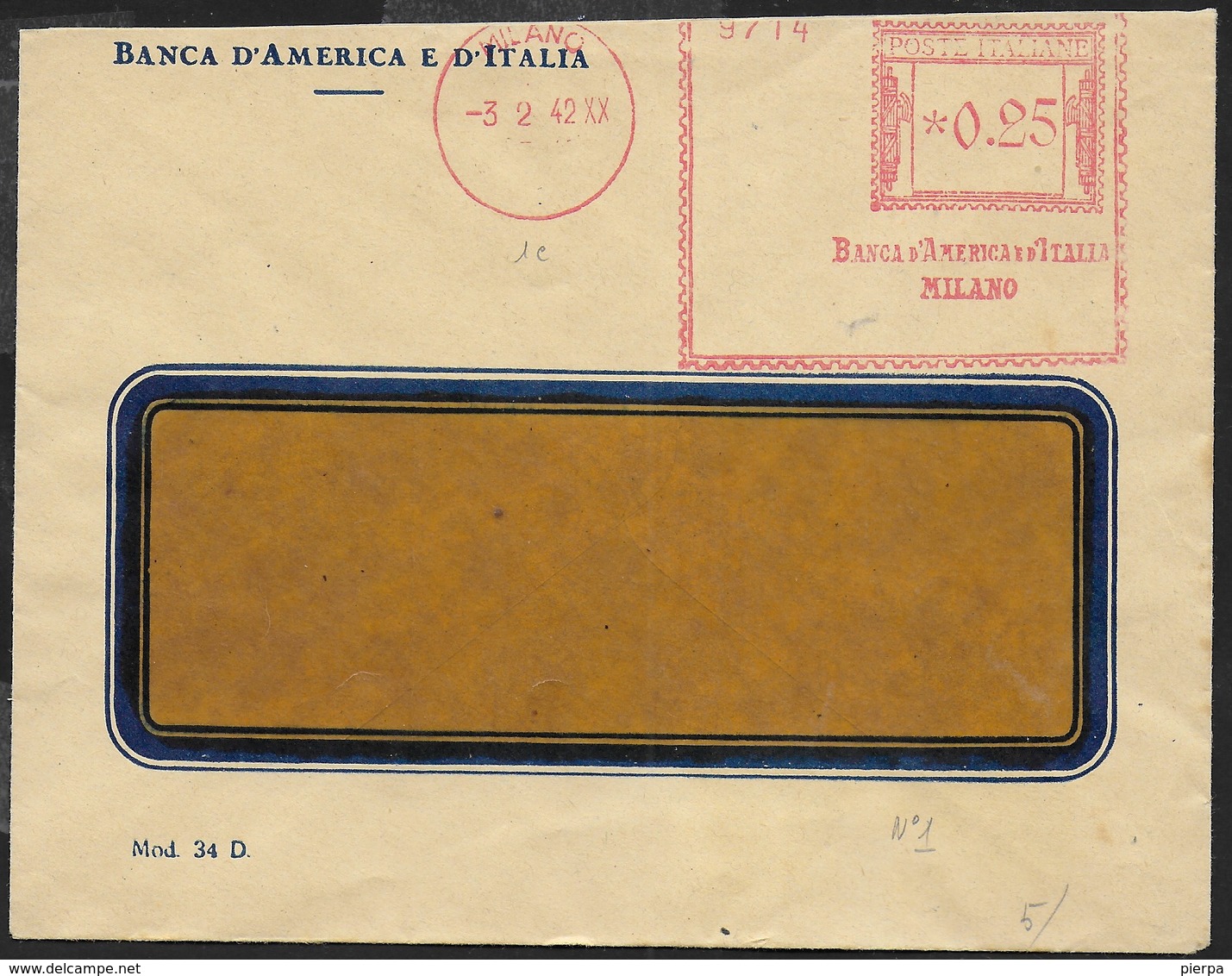 STORIA POSTALE REGNO - ANNULLO MECCANICO ROSSO - BANCA D'AMERICA E D'ITALIA 03.02.1942 SU BUSTA COMMERCIALE - Macchine Per Obliterare (EMA)