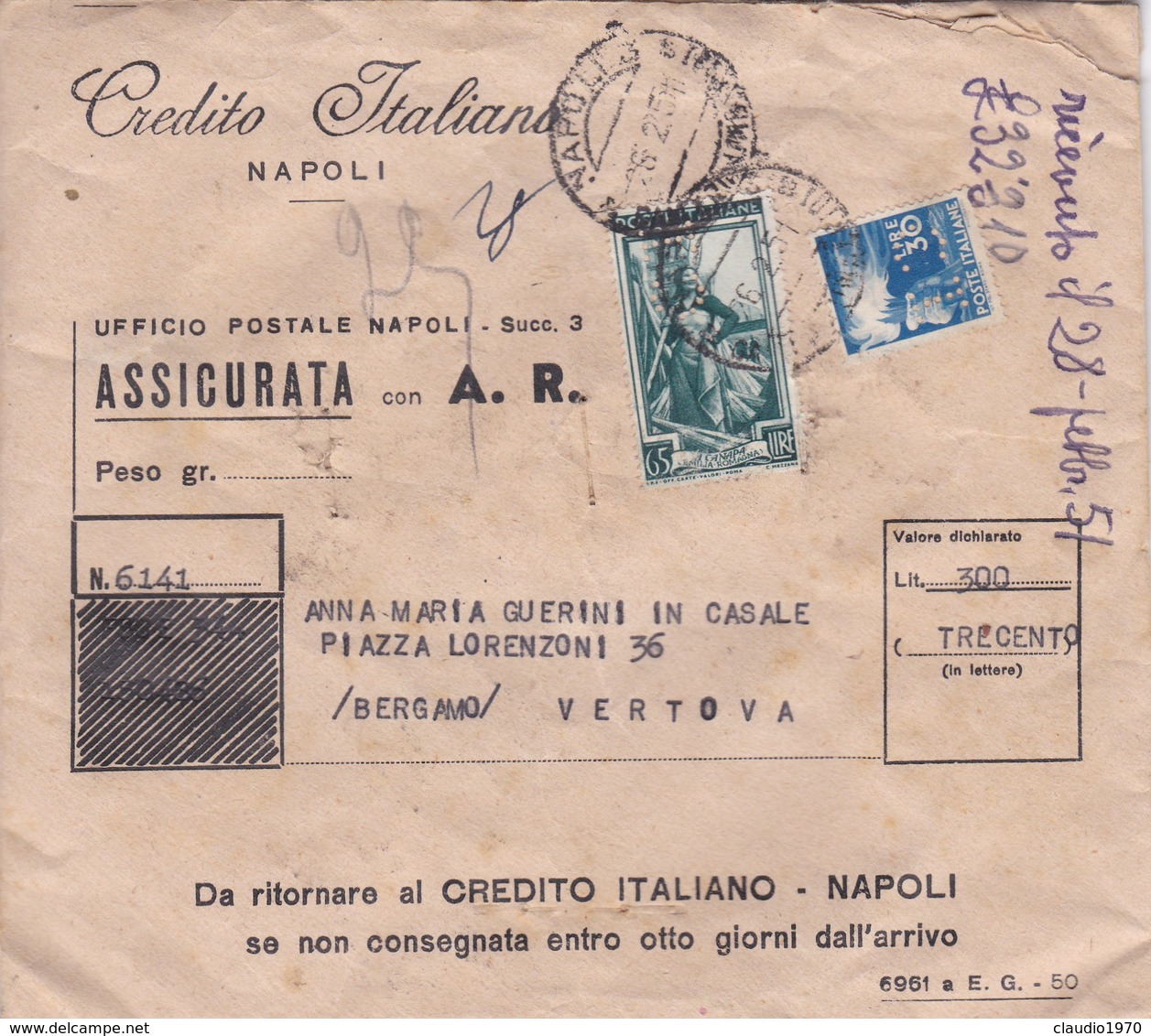 BUSTA VIAGGIATA ASSICURATA RACCOMANDATA - CREDITO ITALIANO NAPOLI - AFFRANCATA PER LIRE. 95 CON PERFORAZIONE - 1951 - 1946-60: Storia Postale