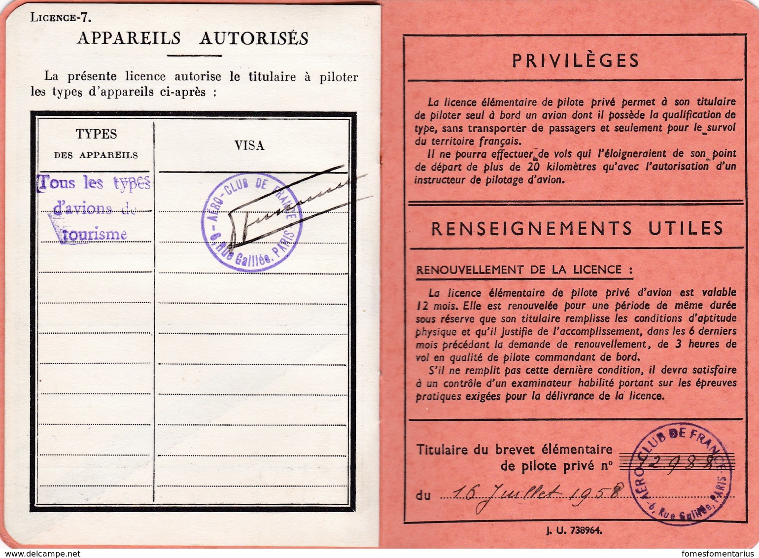 Brevet, licence , carnet de vol 1938  de Pilote d' Avions de Tourisme en EXCELLENT ETAT, voir les 12 scans