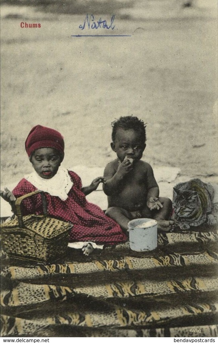 South Africa, Native Girl, Boy And Cat Having A Picnic, Chums (1910s) Postcard - Afrika