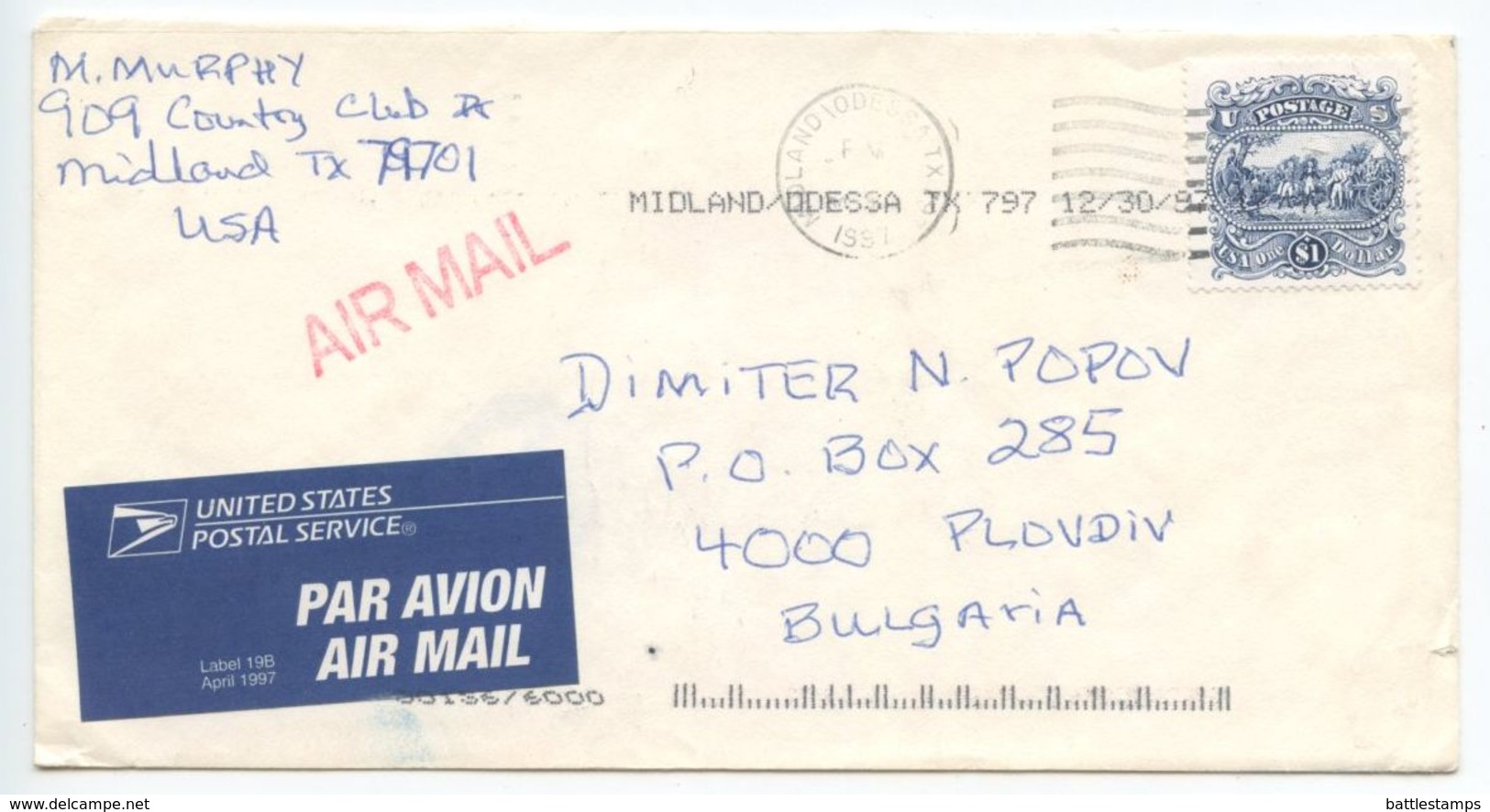 United States 1997 Airmail Cover Midland/Odessa Texas To Plovdiv Bulgaria - Covers & Documents