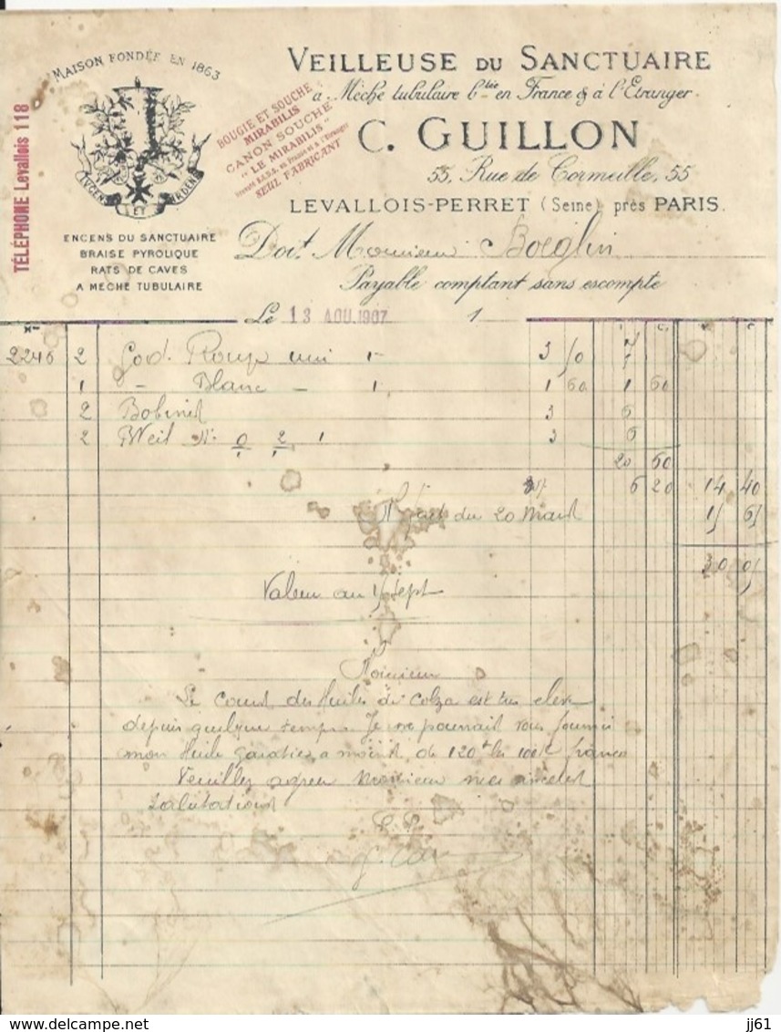 LEVALLOIS PERRET C GUILLON VEILLEUSE DU SANCTUAIRE ENCENS BRAISE PYROLIQUE RATS DE CAVES MECHE TUBULAIRE ANNEE 1907 - Other & Unclassified