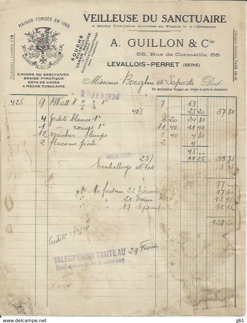 LEVALLOIS PERRET A GUILLON VEILLEUSE DU SANCTUAIRE ENCENS BRAISE PYROLIQUE RATS DE CAVES MECHE TUBULAIRE ANNEE 1924 - Other & Unclassified