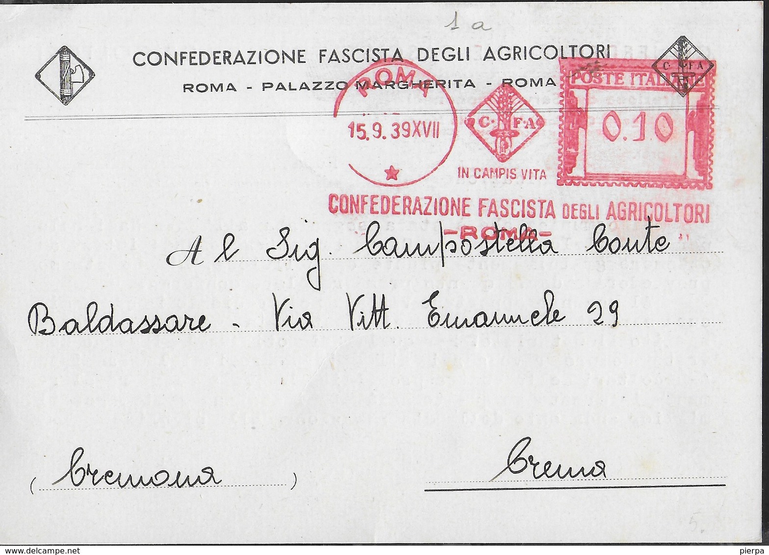 STORIA POSTALE REGNO - ANNULLO MECCANICO ROSSO - CONFEDERAZIONE FASCISTA  AGRICOLTORI - 15.09.1939 SU STAMPA - Macchine Per Obliterare (EMA)