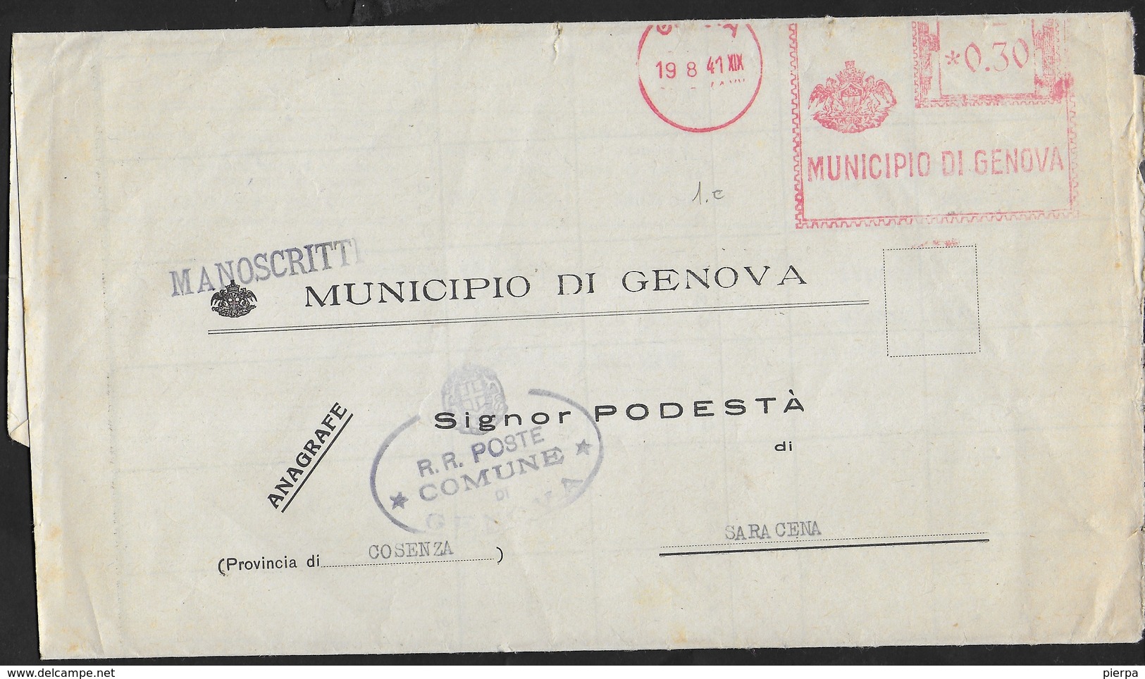 STORIA POSTALE REGNO - ANNULLO MECCANICO ROSSO - MUNICIPIO DI GENOVA - 19.08.1941 SU PIEGO PER SARACENA (CS) - Macchine Per Obliterare (EMA)