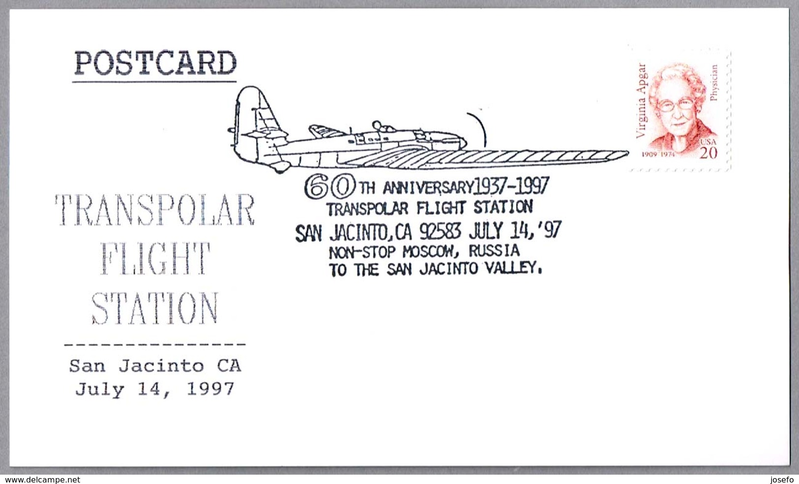 60th Anniv. TRANSPOLAR FLIGHT -  Non-Stop MOSCOW, Russia To SAN JACINTO VALLEY, USA. San Jacinto CA 1997 - Vuelos Polares