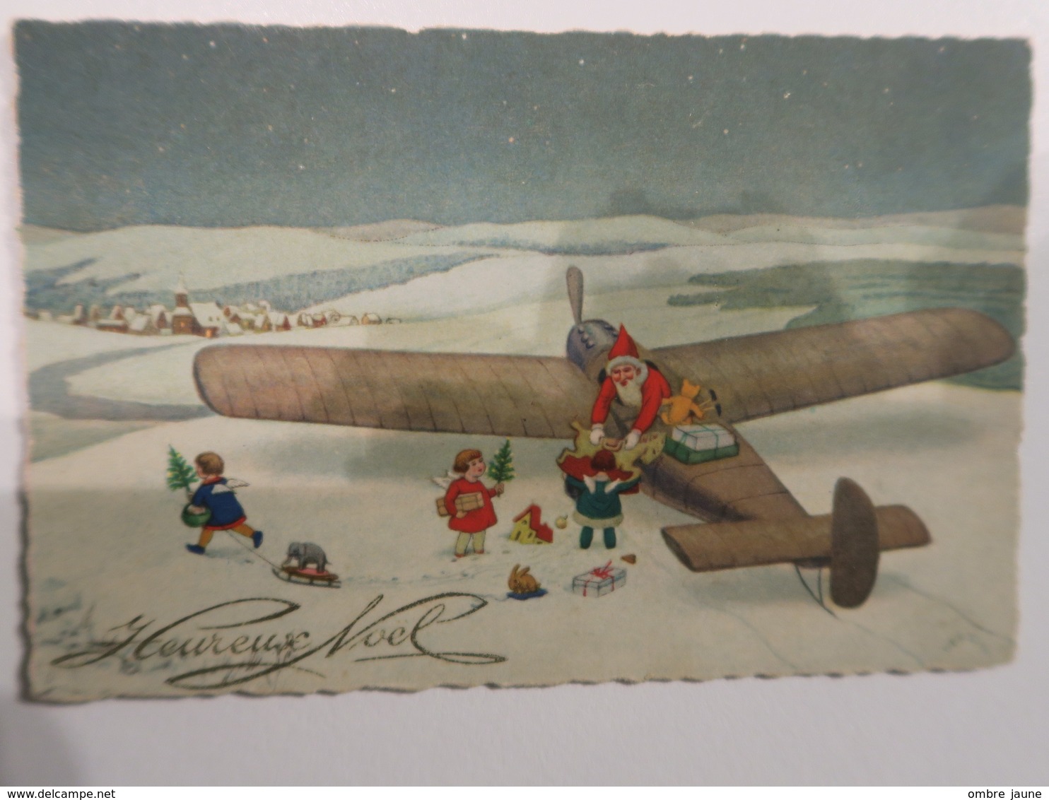 TI  - Carte  Joyeux Noel - Illustrateur - Pere Noel Distribuant Les Cadeaux Avec Son... Avion - Santa Claus