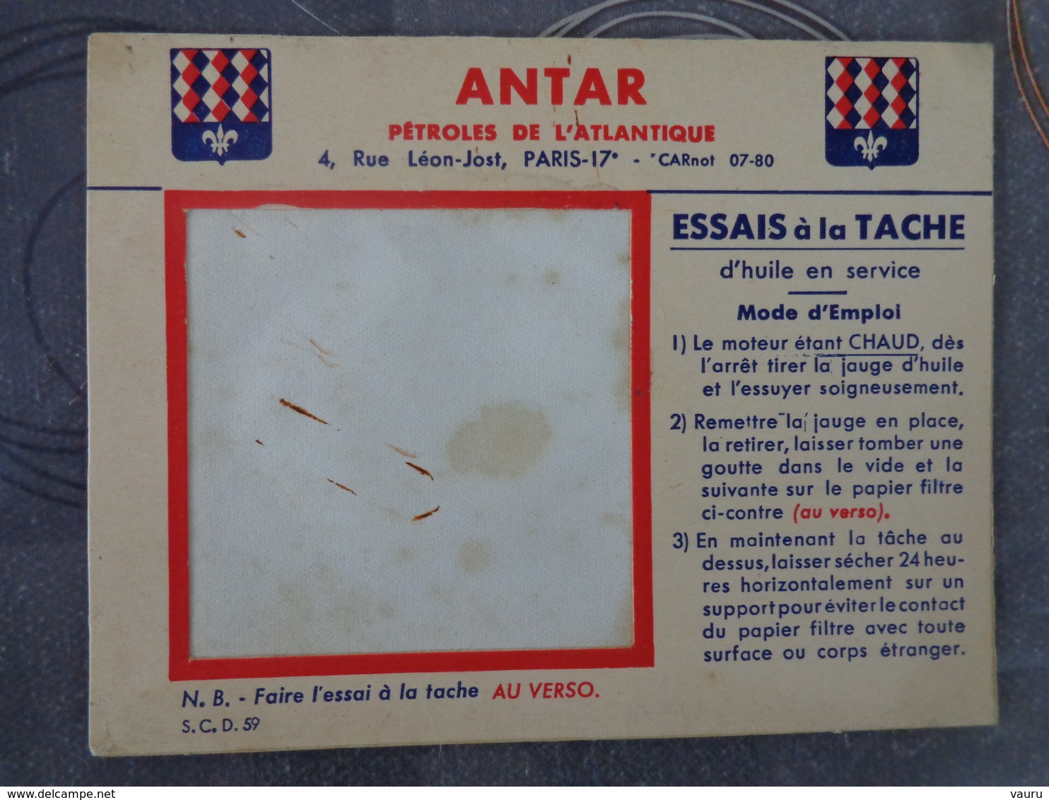 ANTAR LUBRIFIANT PETROLES DE L'ATLANTIQUE  ESSAIS A LA TACHE  13.5 PAR 10.5 CM - Publicités