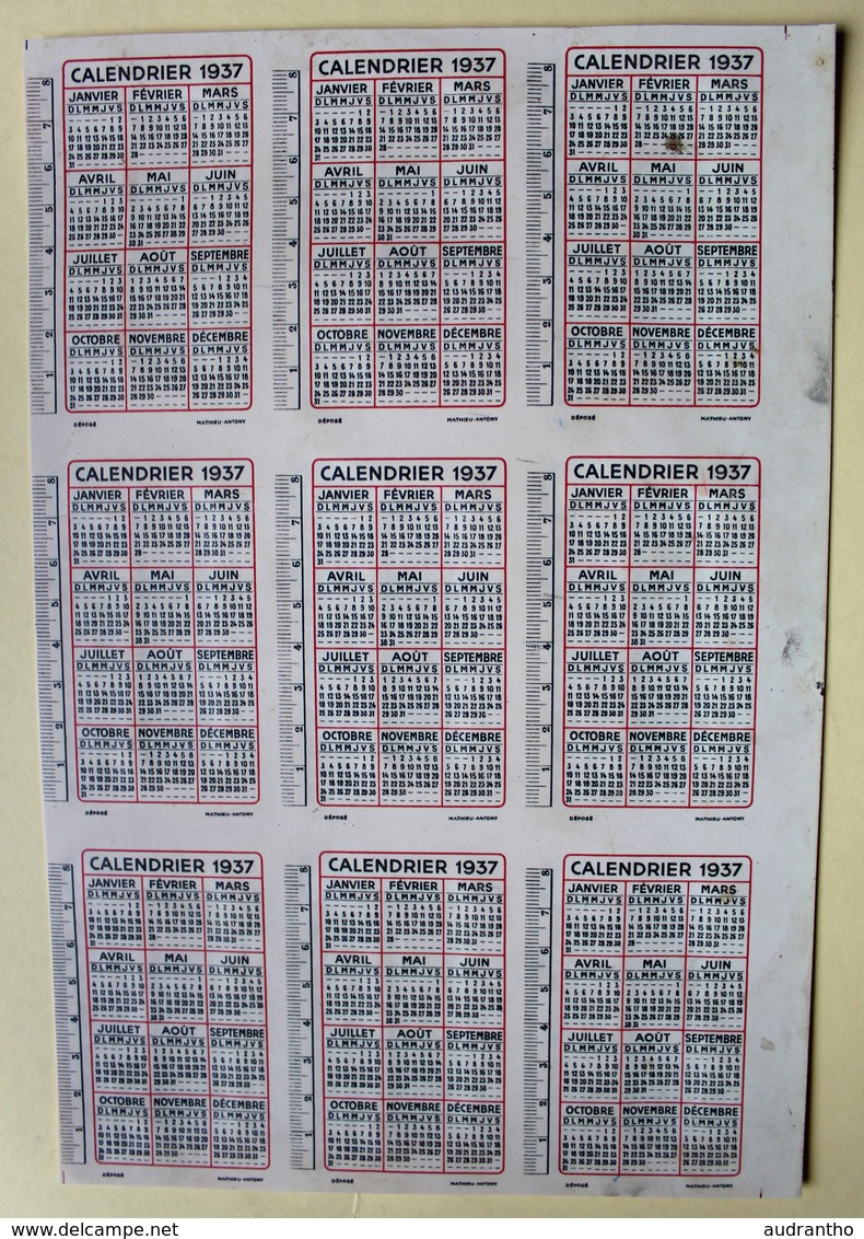 Rare Cartoucherie Française Planche D'imprimerie Mathieu Antony 9 Calendriers 1937 Chasse Publicité Cartouche - Autres & Non Classés