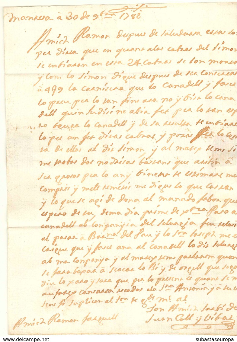 D.P. 5. 1782. Carta De Manresa A Berga. Marca "M/PRINCIPADO DE CATALUÑA" P.E. 5 En Negro. Muy Bonita Y Rara. - ...-1850 Prefilatelia