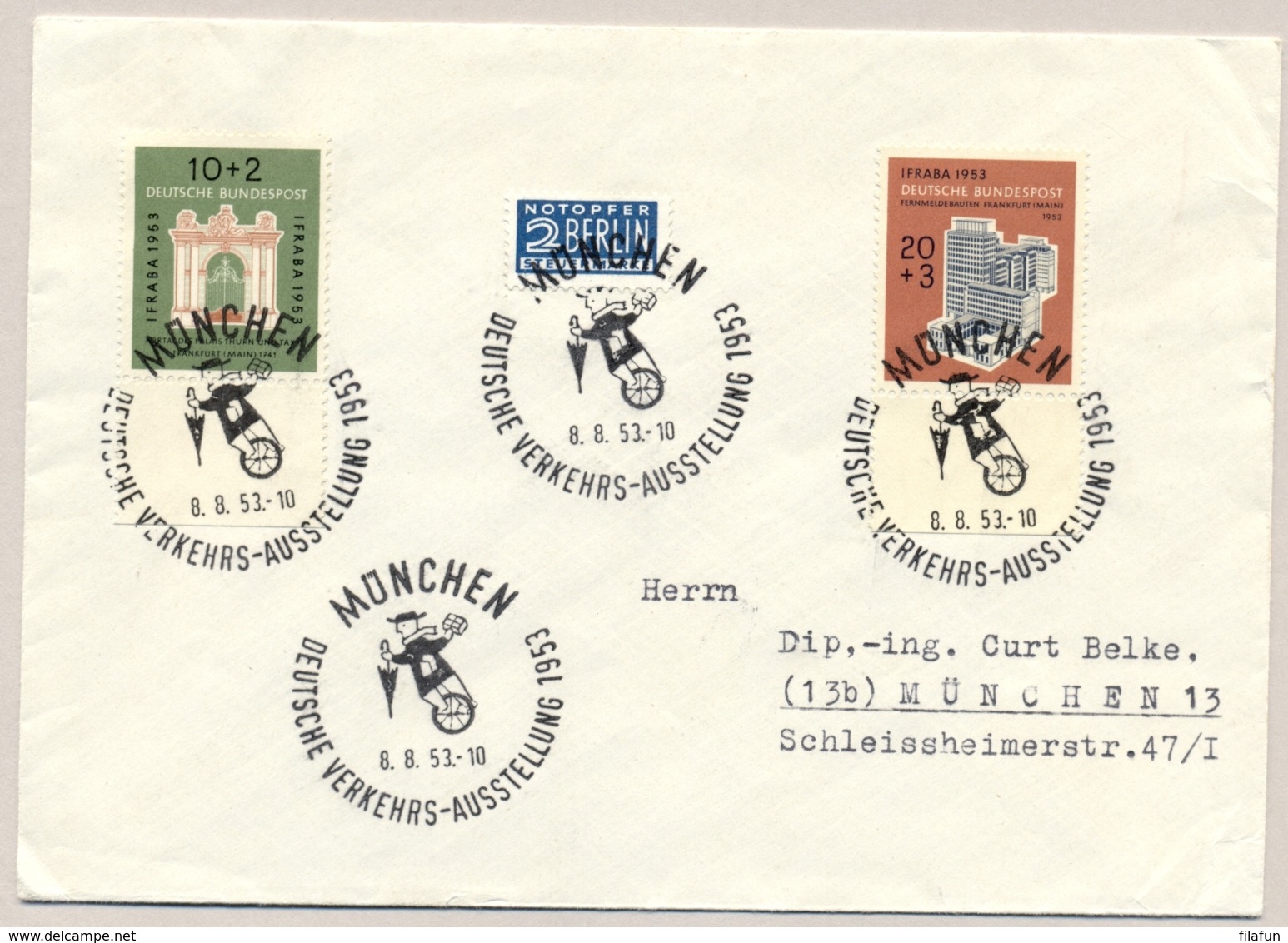 Bund - 1953 - Ifabra Set On Local Cover München - Cancel Deutsche Verkehrs-Ausstellung - Brieven En Documenten