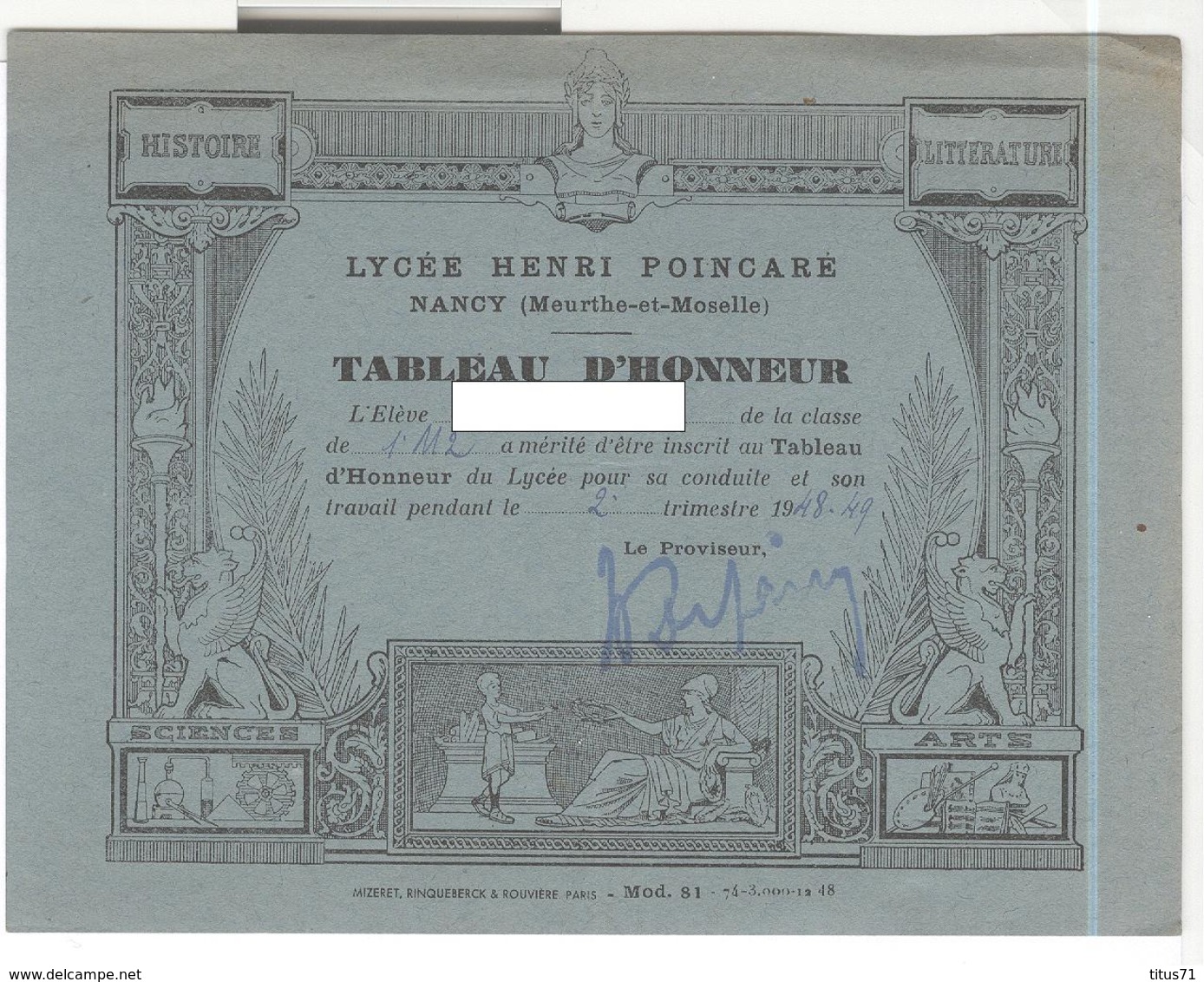 Tableau D'Honneur 2ème Trimestre 1948 - Lycée Henri Poincarré Nancy - Très Bon état - Diploma & School Reports