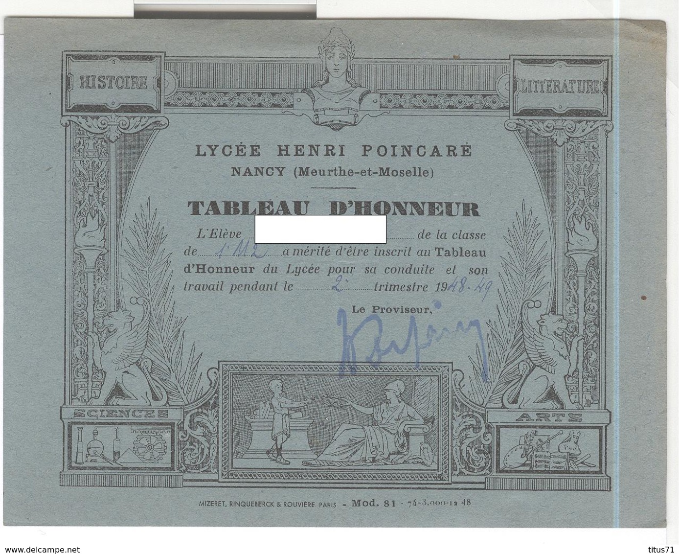 Tableau D'Honneur 2ème Trimestre 1948 - Lycée Henri Poincarré Nancy - Très Bon état - Diplomi E Pagelle