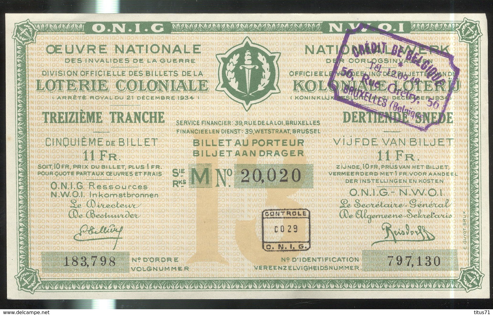 Billet De Loterie Coloniale Belge - Oeuvre Nationale Des Invalides De La Guerre - 1935 - Billets De Loterie