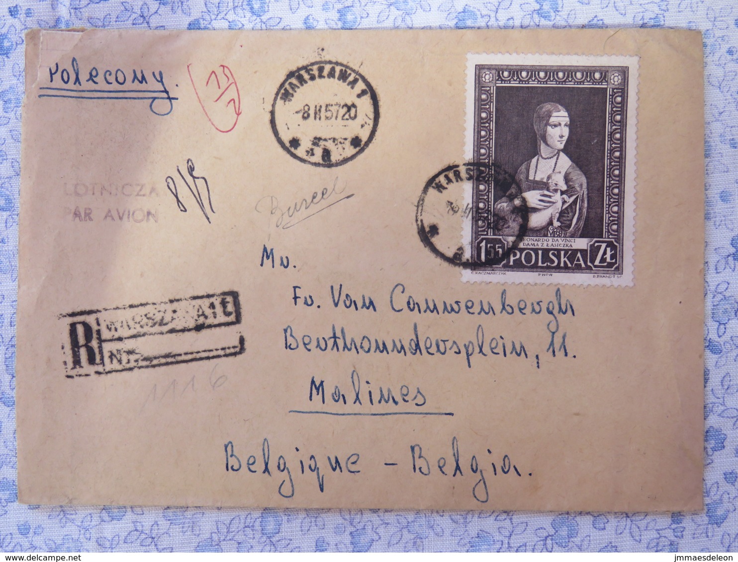 Poland 1957 Registered Cover To Belgium Bounced Back (see Labels) - Painting "Lady With The Ermine" By Leonard Da Vinci - Lettres & Documents