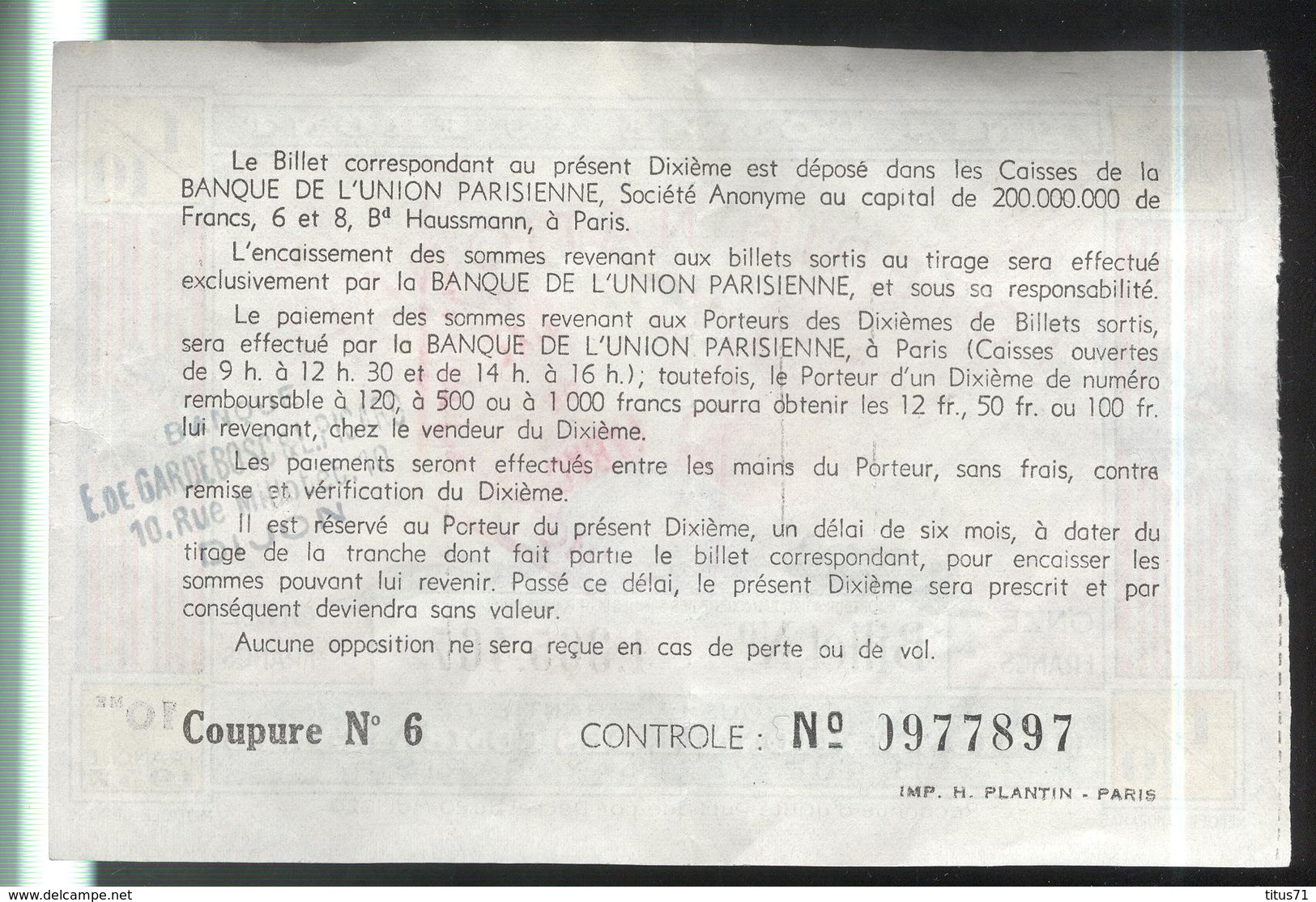 Billet De Loterie 1/10 Union Nationale Des Combattants 1937 - Billets De Loterie