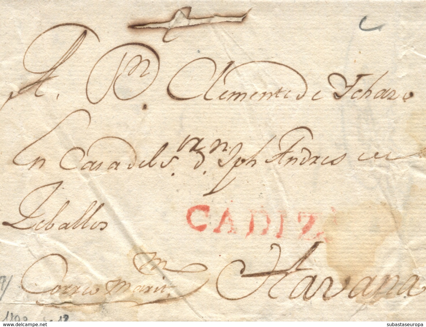 D.P. 26. 1800. Carta De Cádiz A La Habana. Marca P.E. 12 En Rojo. Mms. "correo Marítimo'. - ...-1850 Prefilatelia