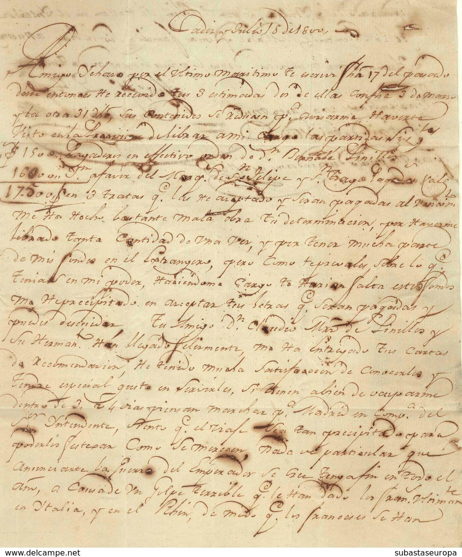 D.P. 26. 1800. Carta De Cádiz A La Habana. Marca P.E. 12 En Rojo. Mms. "correo Marítimo'. - ...-1850 Prefilatelia